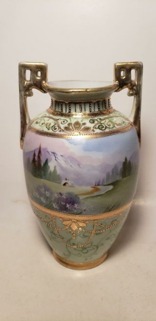 Antique Nippon Vase - Porcelain - 2 Handled - Asian - 7.  75 Inch - Gold Guilt - Flowers - Scene
