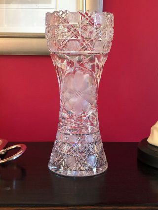 American Brilliant Glass Cut Corset Vase Lead Crystal 12”