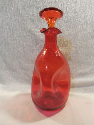 Vintage Blenko Art Glass Ruby Amberina Pinch Decanter Bottle W/stopper 10 1/2 "