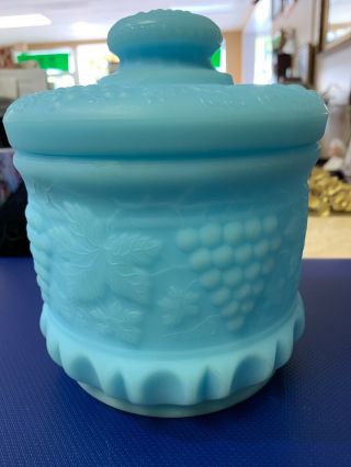 Rare Old Fenton Blue Glass Grape & Cable Covered Tobacco Biscuit Cookie Jar