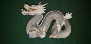 Vintage Blue Ceramic Dragon Sculpture Figurine Japan Porcelain Pearl In Claw