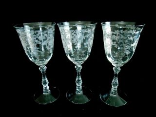3 Fostoria 10 Oz.  Clear Etched Stem Navarre 7 5/8 " Water Glasses