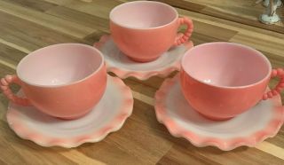 3 Hazel Atlas Crinoline Pink Cups & Saucers Beaded Handles