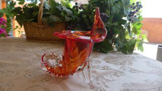 Mid Century Murano Glass Vase Amberina Orange Cornucopia Jack In The Pulpit Rim