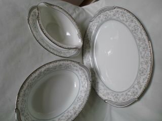 Noritake 5767 Oxford Pattern Set Of 3 Serving Dishes - Platter,  Boat And Soup