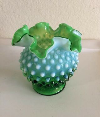 Fenton Green / White Opalescent Hobnail Glass Vase