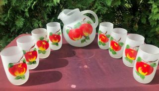 Vintage Cider Set Frosted Glass Hand Painted Ball Pitcher 8 Matching Glasses