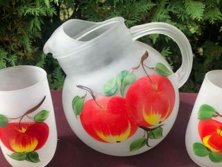 Vintage Cider Set Frosted Glass Hand Painted Ball Pitcher 8 Matching Glasses 2