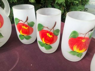 Vintage Cider Set Frosted Glass Hand Painted Ball Pitcher 8 Matching Glasses 3