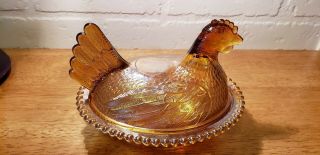 Vintage Indiana Glass Hen On A Nest Amber Carnival Glass Lidded Candy Dish