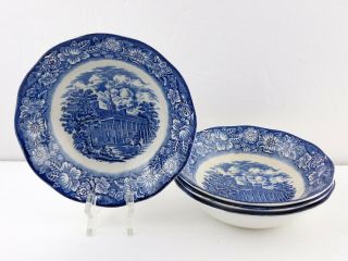 Set Of 4 Staffordshire Liberty Blue Coupe Cereal Bowls Blue White Mount Vernon