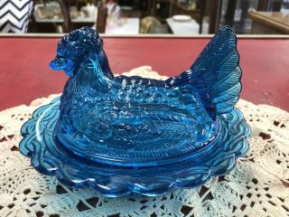 Vintage Mosser Hen On Nest Covered Candy Dish Aqua Blue Color Nr