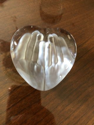 Daum France Signed Crystal Paperweight Heart & Hand Art Glass Le Couer Hands