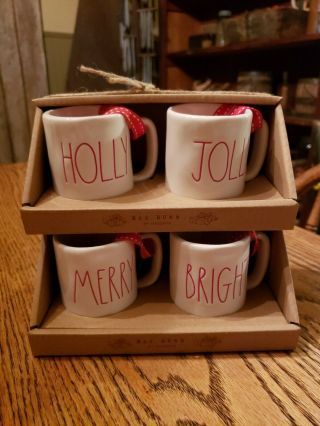 Rae Dunn Merry Bright & Holly Jolly Set Of 4 Mini Mug Christmas Ornament Htf