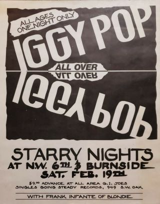 Iggy Pop Concert Poster Portland 1983 Stooges Blondie Kbd Punk Rock Wave Hc