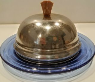 Hazel Atlas Moderntone Cobalt Blue Glass Butter Dish Metal Dome On Plate Vintage