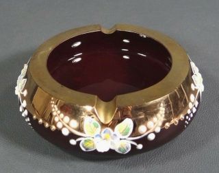 Antique Bohemian Moser Ruby Red Crystal Glass W/ 24k Gold Enamel Painted Ashtray