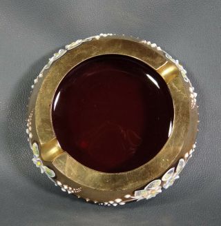 Antique Bohemian Moser Ruby Red Crystal Glass w/ 24K Gold Enamel Painted Ashtray 3