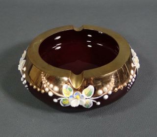 Antique Bohemian Moser Ruby Red Crystal Glass w/ 24K Gold Enamel Painted Ashtray 7