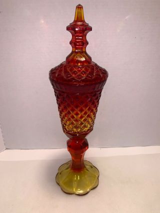 Vintage Amberina Glass Diamond Point Pedestal Candy Dish With Lid 15 1/2”