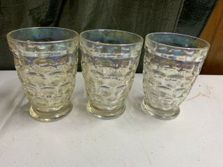 3 Vintage Iridescent Thumbprint Glass Footed Tumblers / Glasses 4 Inches Tall
