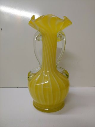 Yellow And White Hand Blown Glass Vase With Two Clear Glass Handles Vintage