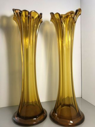 Tall,  Retro Murano Style Amber Art Glass,  Abstract Flower Mouth Vases