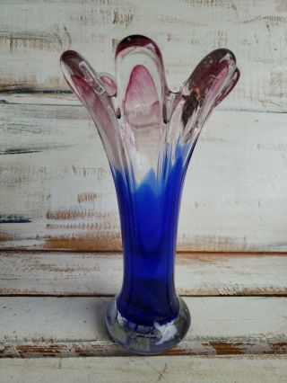 Art Glass Vase Dark Blue With Pink Italy Murano