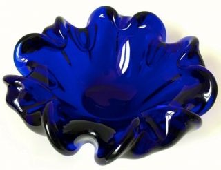 Vintage Mid - Century Murano Art Glass Cobalt Blue Clear Heavy Bowl Dish Ashtray
