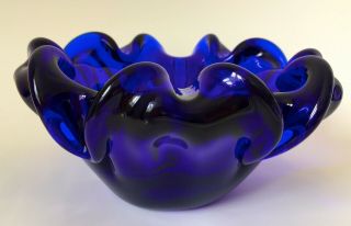 Vintage Mid - Century Murano Art Glass Cobalt Blue Clear Heavy Bowl Dish Ashtray 2