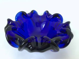 Vintage Mid - Century Murano Art Glass Cobalt Blue Clear Heavy Bowl Dish Ashtray 4