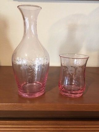 Vintage Pink Etched Glass Tumble - Up Bedside Carafe & Tumbler Flower Motif