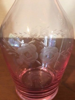 Vintage Pink Etched Glass Tumble - Up Bedside Carafe & Tumbler Flower Motif 2
