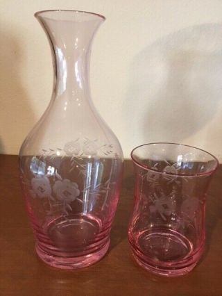 Vintage Pink Etched Glass Tumble - Up Bedside Carafe & Tumbler Flower Motif 3