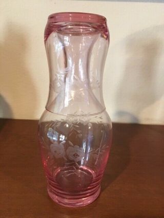 Vintage Pink Etched Glass Tumble - Up Bedside Carafe & Tumbler Flower Motif 4