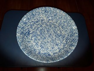 Vintage Gerald E.  Henn Pottery Blue Spongeware Roseville Large Bowl 13 1/4 "
