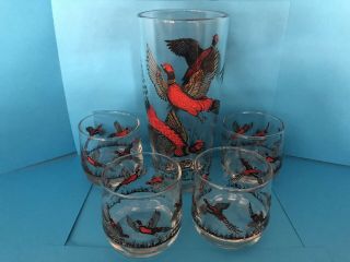 Rare Vintage Mid Century Hazel Atlas Cocktail Shaker/4 Pheasant Four Oz Glasses