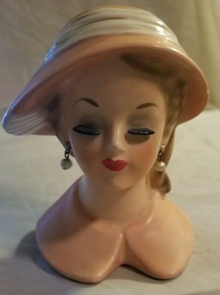Vintage 1960 C - 4897b Napco Japan 4 1/2 " Lady Head Vase In Coral Pink Dress & Hat