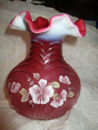 Fenton Hand Painted Floral Design Vase With Label