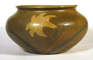 1910s Antique Arts & Crafts Low Bowl Planter Vase Iris Green Mission Pottery