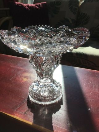 Vintage Lead Cut Crystal Glass Pedestal Compote Candy Bowl Dish Star Fan Style