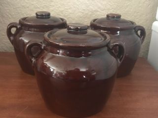 Vintage Brown Stoneware Bean Pot Two Handles (set Of 3)
