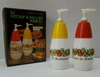 Vintage Gemco Corning Spice Of Life Ketchup & Mustard Set Pump Tops