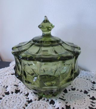 1960s Fenton Art Glass Valencia Colonial Green Lidded Candy Dish