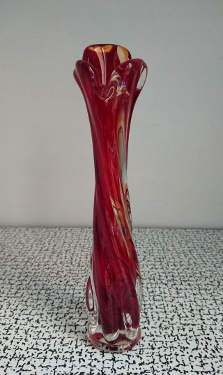 50s 60s Retro Vintage Red & Clear Murano Freeform Art Glass Bud Stem Vase