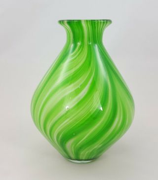 Murano Style Hand - Blown Art Glass Green Vase With Gold Flecks And Pontil