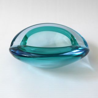 Vintage Murano Art Glass Bowl.  Turquoise/aqua Cased Biomorphic Folded Shell Dish