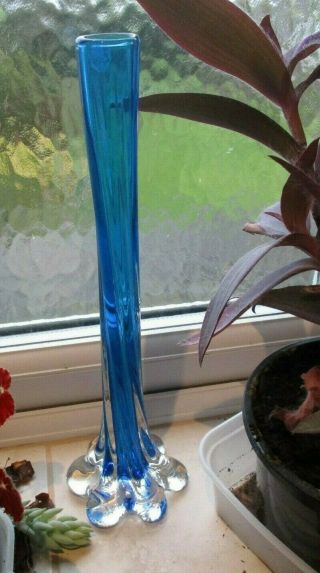 Vintage Murano Blue Ribbed Art Glass Vase.  (11 1/2 Inches)