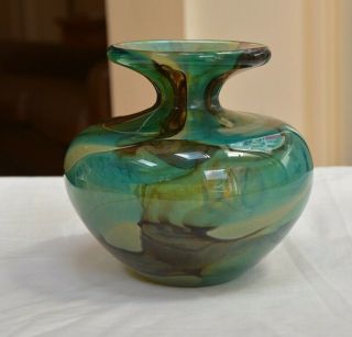 Mdina Glass Squat Vase Turqouise & Brown Michael Harris Maltese Vintage