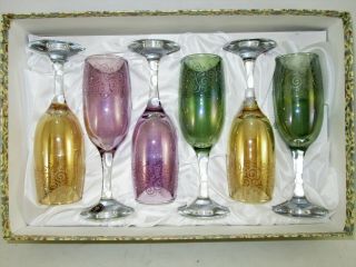 6 Champaign Wine Glasses 3 Colors 7½” Tall Cristalleria Fratelli Fumo